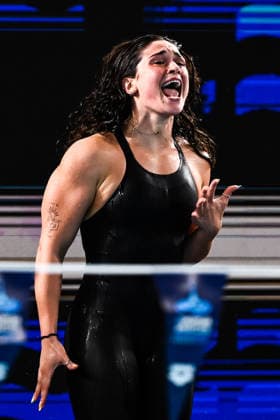 Benedetta Pilato of Italy cheers in the swimming 4x100m Mixed Relay Women Final during the European Aquatics Championships at the Olympic Aquatic Center in Paris (France), August 16, 2026. Andrea Staccioli