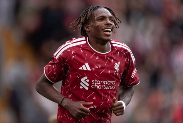 Liverpool FC v Como Calcio - Pre-Season Friendly LIVERPOOL, ENGLAND - AUGUST 16: Jeremy Jacquet of Liverpool celebrates scoring the second goal during the pre-season friendly match between Liverpool FC and Como Calcio at Anfield on August 16, 2026 in Liverpool, England. ***Local Caption*** Jeremy Jacquet Liverpool Anfield England United Kingdom Copyright: xVisionhausx 776527818