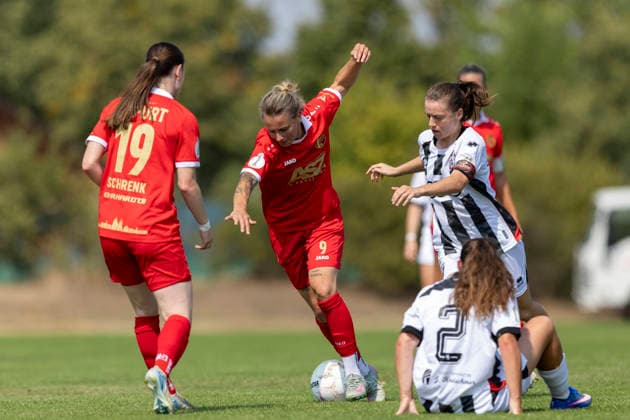 DFB-Pokal Playoffs Frauen: 1. FFV Erfurt vs. FC Ingolstadt 04; Erfurt; 16.08.2026 Angelina Lübcke ( 9; 1. FFV Erfurt) gegen Stefanie Reischmann ( 24; FC Ingolstadt 04) DFB-Pokal Playoffs Frauen: 1. FFV Erfurt vs. FC Ingolstadt 04; Sportforum Johannesplatz Erfurt; 16.08.2026 DFB REGULATIONS PROHIBIT ANY USE OF PHOTOGRAPHS AS IMAGE SEQUENCES AND OR QUASI-VIDEO. *** DFB Cup Playoffs Women s 1 FFV Erfurt vs. FC Ingolstadt 04 Erfurt, August 16, 2026 Angelina Lübcke 9 1 FFV Erfurt vs. Stefanie Reischmann 24 FC Ingolstadt 04 DFB Cup Playoffs Women s 1 FFV Ervs. FC Ingolstadt 04, Sportforum Johannesplatz, Erfurt, August 16, 2026. DFB regulations prohibit any use of photographs as image sequences and or quasi-video. Copyright: xBEAUTIFULxSPORTS Duehringx