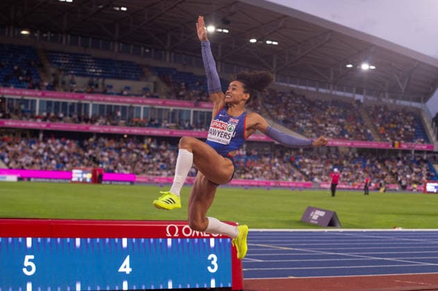 Jazmine Sawyers of Great Britain and Northern Ireland in action in the Womens Long Jump final at Alexander Stadium in Birmingham, England (Sean Walsh Sports Press Photo)  Copyright: xSeanxWalshx Sportspressphoto_SPR209834