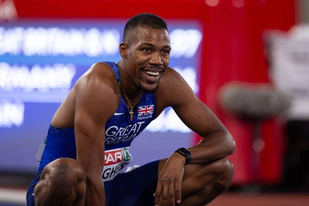 Zharnel Hughes of Great Britain and Northern Ireland after winning the Mixed 4x100m relay at Alexander Stadium in Birmingham, England (Sean Walsh Sports Press Photo)  Copyright: xSeanxWalshx Sportspressphoto_SPR209838
