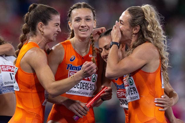 The Netherland celebrate wining gold in the Womens 4x400m relay at Alexander Stadium in Birmingham, England (Sean Walsh Sports Press Photo)  Copyright: xSeanxWalshx Sportspressphoto_SPR209849
