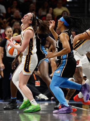 Guard Caitlin Clark 8 of the Indiana Fever reacts after colliding with guard Allisha Gray 15 of the Atlanta Dream in the second half at State Farm Arena on Sunday, August 16, 2026 in Atlanta, Georgia.  ATL20260816114 MikexZarrilli