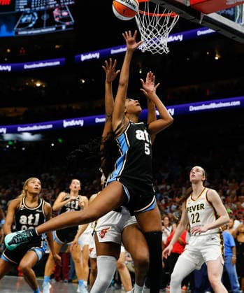 Forward Angel Reese 5 of the Atlanta Dream misses a last second, go-ahead layup in the second half against the Indiana Fever at State Farm Arena on Sunday, August 16, 2026 in Atlanta, Georgia.  ATL20260816125 MikexZarrilli