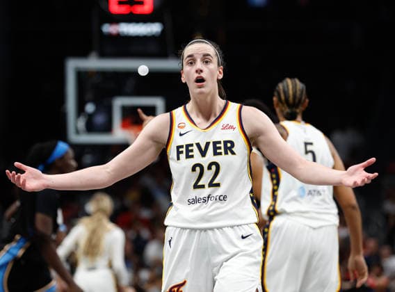 Guard Caitlin Clark 8 of the Indiana Fever reacts in the second half against the Atlanta Dream at State Farm Arena on Sunday, August 16, 2026 in Atlanta, Georgia.  ATL20260816129 MikexZarrilli