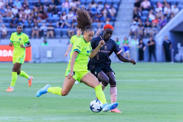 August 16, 2026, Los Angeles, California, USA: Trinity Rodman 2 of the Washington Spirit and Prisca Chilufya 24 of the Angel City FC struggle for possession of the ball during their regular season NWSL game on Sunday August 16, 2026 at the BMO Stadium in Los Angeles, California. ACFC tie with Spirit, 1-1. ARIANA RUIZ PI Los Angeles USA - ZUMAp124 20260816_zaa_p124_036 Copyright: xArianaxRuizx