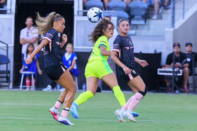 August 16, 2026, Los Angeles, California, USA: Sarah Gorden 11 and Gisele Thompson 20 of the Angel City FC intercept a goal attempt from Trinity Rodman 2 of the Washington Spirit during their regular season NWSL game on Sunday August 16, 2026 at the BMO Stadium in Los Angeles, California. ACFC tie with Spirit, 1-1. ARIANA RUIZ PI ACFC Vs. Washington Spirit  - ZUMAp124 20260816_zaa_p124_037 Copyright: xArianaxRuizx