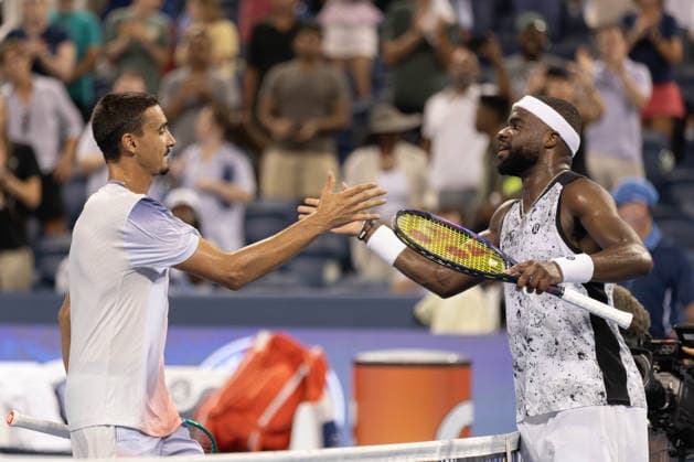 MASON, OHIO - AUGUST 16: Lorenzo Sonego of Italy and Frances Tiafoe of United States shake hands during day six of the Cincinnati Open at the Lindner Family Tennis Center on August 16, 2026 in Mason, Ohio.  Copyright: xShainaxBenhiyoun SPPx Sportspressphoto_SPR210017