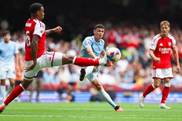 (260817) -- CARDIFF, Aug. 17, 2026 -- Manchester City s Phil Foden (C) kicks the ball during the English Community Shield match between Arsenal and Manchester City in Cardiff, Britain, on Aug. 16, 2026. (Photo by Xinhua) (SP)BRITAIN-CARDIFF-FOOTBALL-ENGLISH COMMUNITY SHIELD-FINAL-ARSENAL VS MANCHESTER CITY QianxJun 