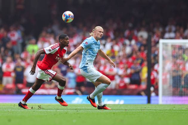 (260817) -- CARDIFF, Aug. 17, 2026 -- Manchester City s Erling Haaland (R) vies for the ball during the English Community Shield match between Arsenal and Manchester City in Cardiff, Britain, on Aug. 16, 2026. (Photo by Xinhua) (SP)BRITAIN-CARDIFF-FOOTBALL-ENGLISH COMMUNITY SHIELD-FINAL-ARSENAL VS MANCHESTER CITY QianxJun 