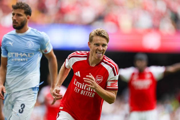 (260817) -- CARDIFF, Aug. 17, 2026 -- Arsenal s Martin Odegaard (front) celebrates scoring during the English Community Shield match between Arsenal and Manchester City in Cardiff, Britain, on Aug. 16, 2026. (Photo by Xinhua) (SP)BRITAIN-CARDIFF-FOOTBALL-ENGLISH COMMUNITY SHIELD-FINAL-ARSENAL VS MANCHESTER CITY QianxJun 