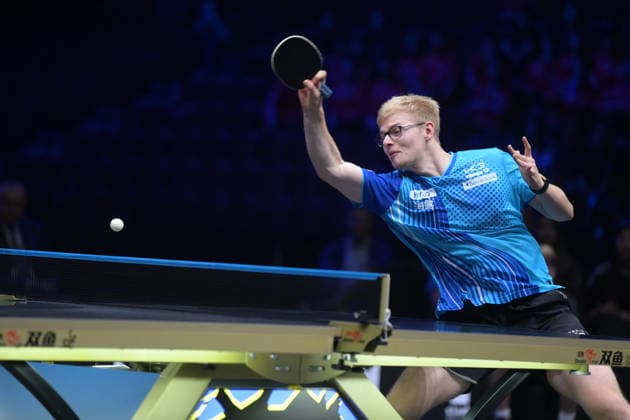 (260817) -- MALMO, Aug. 17, 2026 -- Felix Lebrun of France hits a return during the men s singles final match between Felix Lebrun of France and Harimoto Tomokazu of Japan at the WTT Europe Smash Sweden 2026 in Malmo, Sweden, Aug. 16, 2026. ) (SP)SWEDEN-MALMO Table tennis, Tischtennis WTT EUROPE SMASH 2026-MEN SINGLES WengxXinyang 