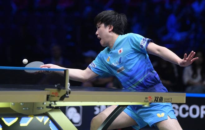 (260817) -- MALMO, Aug. 17, 2026 -- Harimoto Tomokazu of Japan hits a return during the men s singles final match between Felix Lebrun of France and Harimoto Tomokazu of Japan at the WTT Europe Smash Sweden 2026 in Malmo, Sweden, Aug. 16, 2026. ) (SP)SWEDEN-MALMO Table tennis, Tischtennis WTT EUROPE SMASH 2026-MEN SINGLES WengxXinyang 
