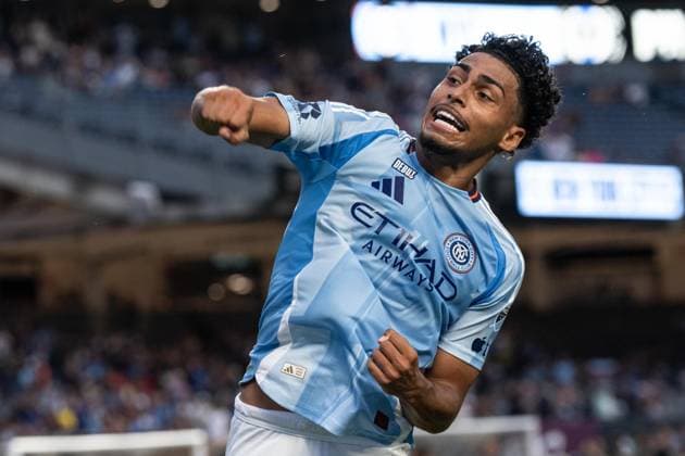 August 16, 2026, Bronx, New York, USA: Luighi Hanri Sousa Santos (20) of NYCFC celebrates scoring goal from penalty spot during MLS, Fussball Herren, USA regular season game between NYCFC and Philadelphia Union at Yankee stadium in New York, NY on August 16, 2026. Philadelphia won 3 - 2. MLS Regular Season Game Between NYCFC And Philadelphia Union  - ZUMAr339 20260816_znp_r339_028 Copyright: xLevxRadinx