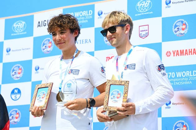 Martin Wrigley & Bettine Harris (GBR), AUGUST 17, 2026 - Sailing : 2026 470 Class World Championship, WM, Weltmeisterschaft Mixed 470 SeriesAward ceremony at Enoshima Yacht Harbour in Kanagawa, Japan. Noxthirdxpartyxsales  aflo_341225645 KenjiroxMatsuox