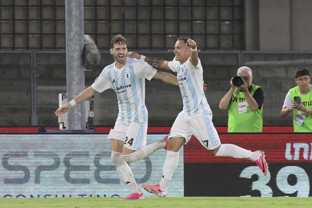 IPA87565389 - Andrea Franzoni of Virtus Entella celebrates after scoring during the Hellas Verona FC vs. Virtus Entella match, the 32nd round of the 2026-27 Coppa Italia Frecciarossa, at the Marcantonio Bentegodi Stadium in Verona (VR), Italy, on August 16, 2026.  Copyright: xDavidexCasentini IPAxSportx xx 87565389