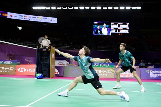 Paul Reynolds of Ireland and Scott Guildea of Ireland in action during the BWF World Championships 2026 at Indira Gandhi Indoor Stadium, in New Delhi on August 17, 2026. New Delhi India Copyright: xAnshumanxAkashx