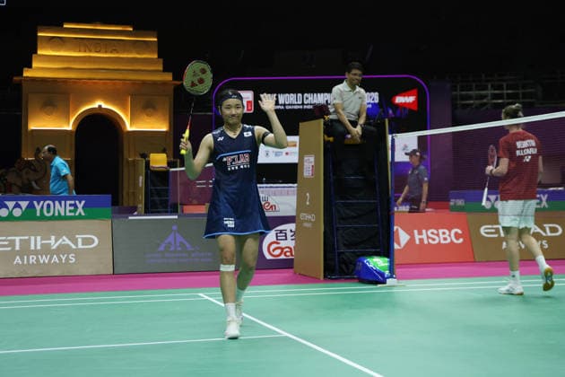 AN Se Young of South Korea celebrates win over Bulgarian Kaloyana Nalbantova during the BWF World Championships 2026 at Indira Gandhi Indoor Stadium, in New Delhi on August 17, 2026. New Delhi India Copyright: xAnshumanxAkashx