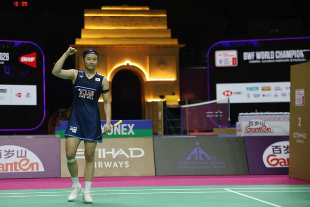 AN Se Young of South Korea celebrates win over Bulgarian Kaloyana Nalbantova during the BWF World Championships 2026 at Indira Gandhi Indoor Stadium, in New Delhi on August 17, 2026. New Delhi India Copyright: xAnshumanxAkashx