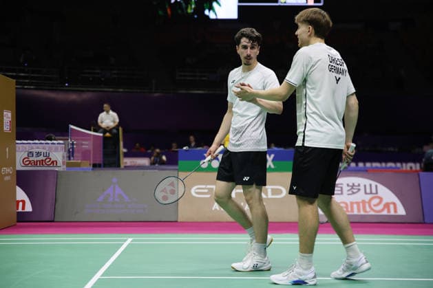 Simon Krax of Germany and Jonathan Dresp of Germany in action during the BWF World Championships 2026 at Indira Gandhi Indoor Stadium, in New Delhi on August 17, 2026. New Delhi India Copyright: xAnshumanxAkashx