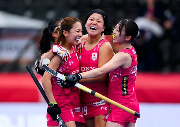 Hockey World Cup Day Three Japan celebrate their third goal during the Pool A match between Chile and Japan in the 2026 FIH Hockey World Cup at Wagener Stadium, Amstelveen 17 08 2026 UK Newspapers OUT Copyright: xGraemexWilcocksonx FIL-23792-0013