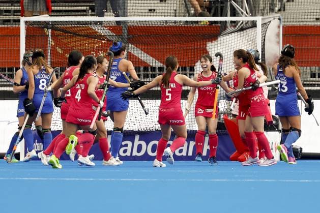 AMSTELVEEN - Japan players celebrate a goal during the group stage match at the Hockey World Cup between Chile and Japan at the Wagener Stadium. BAS CZERWINSKI ANP xVIxANPxSportx xxANPxIVx 565685809 originalFilename: 565685809.jpg