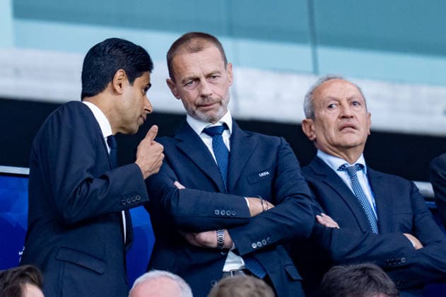 Nasser Al-Khelaifi president of Paris Saint-Germain with Aleksander Ceferin and Nassef Sawiris during the UEFA Super Cup Final match between Paris Saint-Germain and Aston Villa FC at Salzburg Stadium Salzburg Austria on 12 August 2026. Salzburg Salzburg Stadium Austria Austria Copyright: xPhotoxGoalxPixx SP24-1444-012
