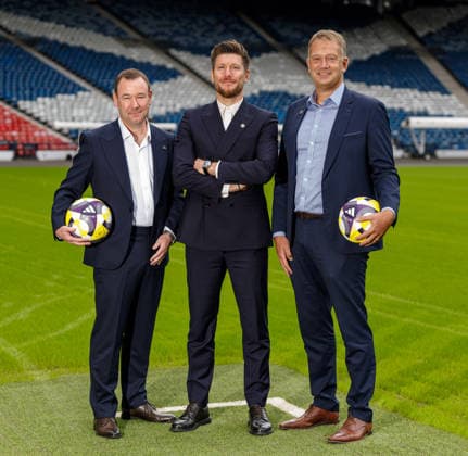 17.08.2026 New Scotland manager: Sébastien Pocognoli appointed new Scotland manager at Hampden Park today with Craig Mulholland and Ian Maxwell of the SFA  Copyright: xWilliexVassx NINTCHDBPICT001101817025