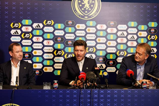 17.08.2026 New Scotland manager: Sébastien Pocognoli appointed new Scotland manager at Hampden Park today with Craig Mulholland and Ian Maxwell of the SFA  Copyright: xWilliexVassx NINTCHDBPICT001101818644