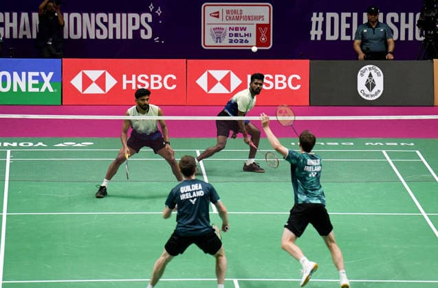 BWF Badminton World Championships: India vs Ireland New Delhi, Aug 17 (ANI): India s Hariharan Amsakarunan and M R Arjun in action against Ireland s Scott Guildea and Paul Reynolds in the men s double category during the BWF Badminton World Championships at Indira Gandhi Indoor Stadium, in New Delhi on Monday. NEW DELHI Delhi India Copyright: xANIx ANI_20260817166