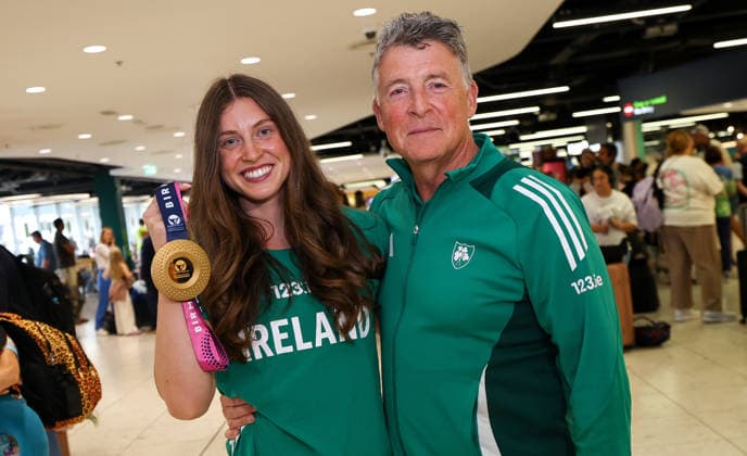 Modern Heptathlon Gold Medallist Kate O Connor Homecoming From 2026 European Athletics Championships, Dublin Airport, Dublin 17 8 2026 Kate O™Connor with her father and coach Michael O Connor Kate O™Connor with Michael O Connor 17 8 2026  Copyright: xx BB3_2820