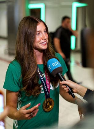 Modern Heptathlon Gold Medallist Kate O Connor Homecoming From 2026 European Athletics Championships, Dublin Airport, Dublin 17 8 2026 Kate O™Connor is interviewed by RTE Kate O™Connor is interviewed by RTE 17 8 2026  Copyright: xx BB2_2432