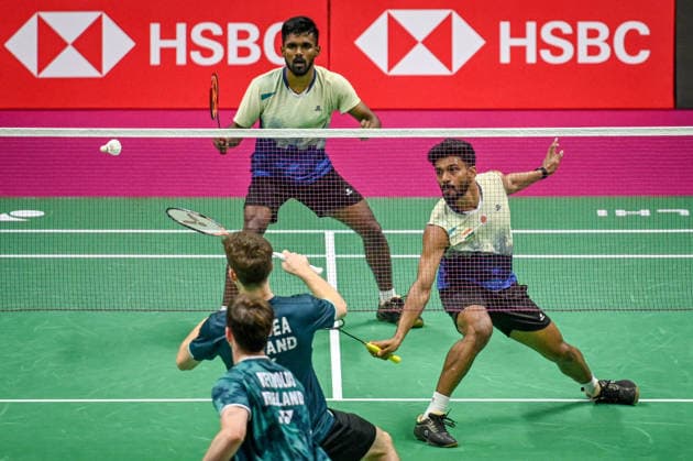 NEW DELHI, INDIA - AUGUST 17: Indian shuttler pair Hariharan Amsakarunan and M.R. Arjun compete against Ireland™s Scott Guildea and Paul Reynolds during their men™s doubles Round of 64 match on the opening day of the BWF World Championships 2026 at the Indira Gandhi Arena on August 17, 2026 in New Delhi, India. (Photo by Sanchit Khanna Hindustan Times) BWF World Championships 2026