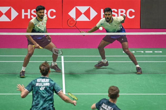 NEW DELHI, INDIA - AUGUST 17: Indian shuttler pair Hariharan Amsakarunan and M.R. Arjun compete against Ireland™s Scott Guildea and Paul Reynolds during their men™s doubles Round of 64 match on the opening day of the BWF World Championships 2026 at the Indira Gandhi Arena on August 17, 2026 in New Delhi, India. (Photo by Sanchit Khanna Hindustan Times) BWF World Championships 2026