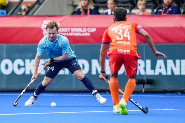 2026-08-17 India v England - FIH Hockey World Cup AMSTELVEEN, NETHERLANDS - AUGUST 17: James Albery of England, Sukhjeet Singh of India during the FIH Hockey World Cup match between India and England at Wagener Stadion on August 17, 2026 in Amstelveen, Netherlands. Amstelveen Wagener Stadion Netherlands Content not available for redistribution in The Netherlands directly or indirectly through any third parties. Copyright: xAndrexWeeningx
