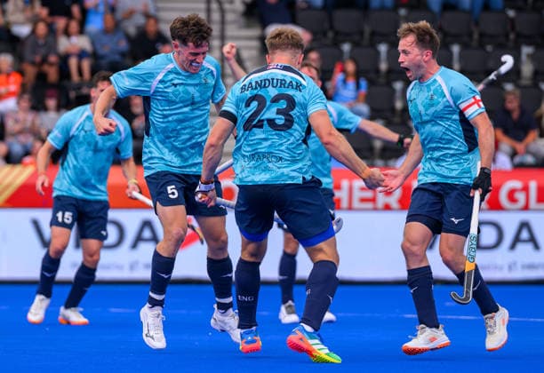 Hockey World Cup Day Three England celebrate a fourth goal (Nick Bandurak) in the Pool D match against India in the 2026 FIH Hockey World Cup at Wagener Stadium, Amstelveen 17 08 2026 UK Newspapers OUT Copyright: xGraemexWilcocksonx FIL-23792-0049