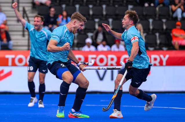 Hockey World Cup Day Three Nicholas Bandurak of England celebrates his second goal and the team™s fourth against India in the Pool D match which guarantees progression to the next phase in the 2026 FIH Hockey World Cup at Wagener Stadium, Amstelveen 17 08 2026 UK Newspapers OUT Copyright: xGraemexWilcocksonx FIL-23792-0052