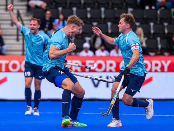 Hockey World Cup Day Three Nicholas Bandurak of England celebrates his second goal and the team™s fourth against India in the Pool D match which guarantees progression to the next phase in the 2026 FIH Hockey World Cup at Wagener Stadium, Amstelveen 17 08 2026 UK Newspapers OUT Copyright: xGraemexWilcocksonx FIL-23792-0053