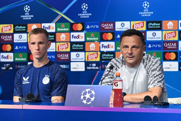 Dinamo press and training: UEFA Champions League play-offs Luka Stojkovic of GNK Dinamo Zagreb and Head Coach of GNK Dinamo Zagreb Mario Kovacevic speak with a media on a press confeerence at Maksimir Stadium on August 17, 2026. in Zagreb, Croatia ahead of the UEFA Champions League play-offs 1st leg match between GNK Dinamo Zagreb and Viking.  DavorxPuklavec PIXSELL