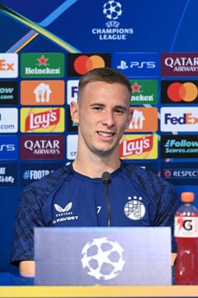 Dinamo press and training: UEFA Champions League play-offs Luka Stojkovic of GNK Dinamo Zagreb speaks with a media on a press confeerence at Maksimir Stadium on August 17, 2026. in Zagreb, Croatia ahead of the UEFA Champions League play-offs 1st leg match between GNK Dinamo Zagreb and Viking FK.  DavorxPuklavec PIXSELL