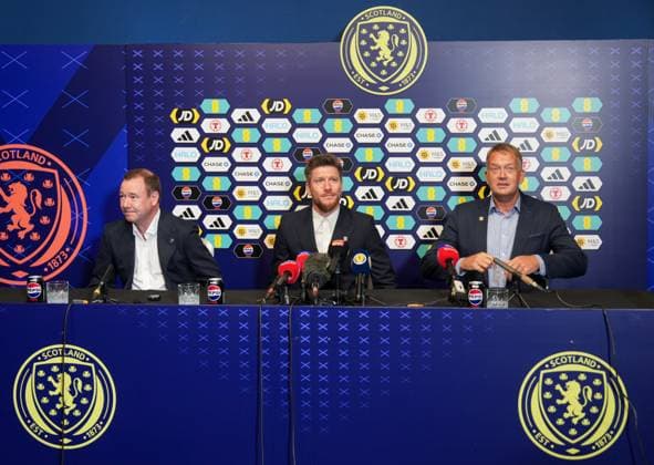 SFA Performance Director Craig Mulholland, Scotland Men s Team Manager Sebastien Pocognoli & SFA Chief Executive Ian Maxwell New Scotland Manager Sebastien Pocognoli press conference, PK, Pressekonferenz Football, Barclays Hampden Stadium, Glasgow, Scotland, UK - 17 Aug 2026Glasgow Barclays Hampden Scotland United Kingdom  Copyright: xStuartxWallace Shutterstockx 17103705v