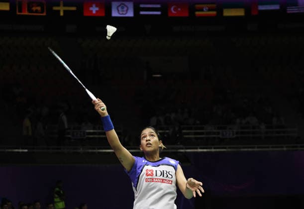India vs Spain BWF World Championship, WM, Weltmeisterschaft 2026 Women s Doubles New Delhi, Aug 17 (ANI): India s Gayatri Gopichand Pullela in action during the BWF World Championship 2026 women s Double™s match against Spain s Paula Lopez and Lucia Rodriguez at Indira Gandhi Indoor Stadium, in New Delhi on Monday. NEW DELHI Delhi India Copyright: xANIx ANI_20260817484