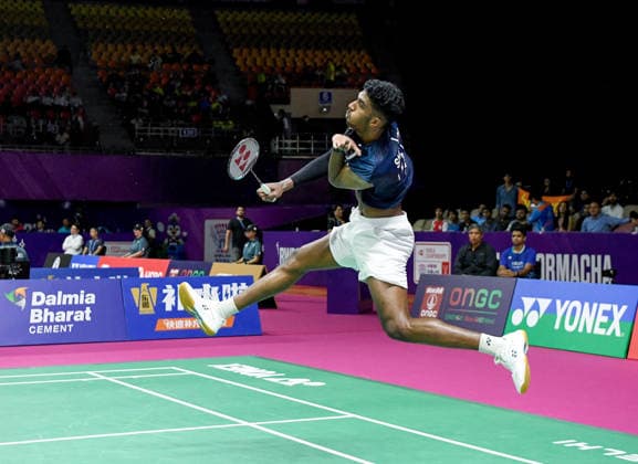 India vs China BWF World Championship, WM, Weltmeisterschaft 2026 men s singles New Delhi, Aug 17 (ANI): India s Ayush Shetty in action during BWF World Championship 2026 men s singles match against China s Shi Yuqi at Indira Gandhi Indoor Stadium, in New Delhi on Monday. NEW DELHI Delhi India Copyright: xANIx ANI_20260817549