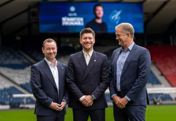 SFA Chief Football Officer Craig Mulholland, Scotland Men s Team Manager Sebastien Pocognoli & SFA Chief Executive Ian Maxwell photographed at Hampden Park. New Scotland Manager Sebastien Pocognoli press conference, PK, Pressekonferenz Football, Barclays Hampden Stadium, Glasgow, Scotland, UK - 17 Aug 2026Glasgow Barclays Hampden Scotland United Kingdom  Copyright: xStuartxWallace Shutterstockx 17103705an