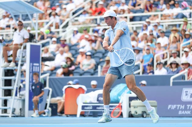 MASON, OHIO - AUGUST 17: Alexander Blockx of Belgium hits a backhand during day seven of the Cincinnati Open at the Lindner Family Tennis Center on August 17, 2026 in Mason, Ohio.  Copyright: xShainaxBenhiyoun SPPx Sportspressphoto_SPR210233