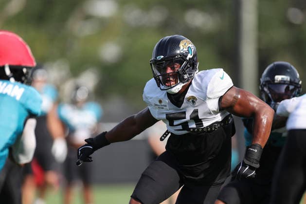 JACKSONVILLE, FL - AUGUST 17: Jacksonville Jaguars linebacker Ventrell Miller (51) during training camp on August 17, 2026 at the Miller Electric Center in Jacksonville, Fl. (Photo by David Rosenblum Icon Sportswire) NFL, American Football Herren, USA AUG 17 Jaguars Training Camp EDITORIAL USE ONLY Icon260817238406