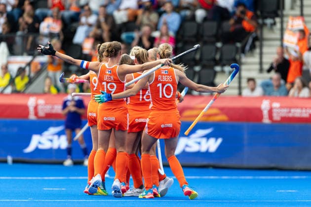 Netherlands v Australia - FIH Hockey World Cup AMSTELVEEN, NETHERLANDS - AUGUST 17: Netherlands celebrates after scoring 1-0 celebrates after scoring 1-0 during the FIH Hockey World Cup match between Netherlands and Australia at Wagener Stadion on August 17, 2026 in Amstelveen, Netherlands. Amstelveen Wagener Stadion Netherlands Content not available for redistribution in The Netherlands directly or indirectly through any third parties. Copyright: xMarcelxvanxPlateringenx