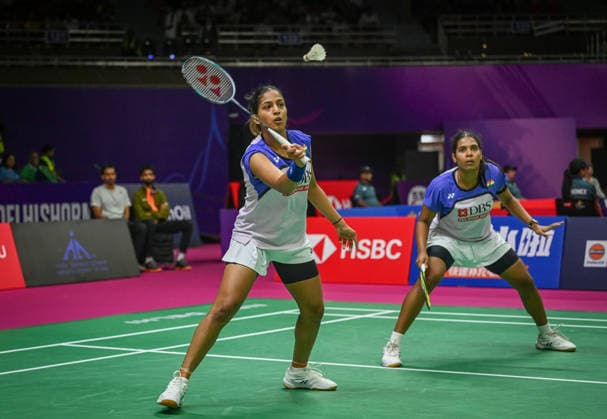 NEW DELHI, INDIA - AUGUST 17: Indian doubles pair Treesa Jolly and Gayatri Gopichand Pullela compete against Spainish pair Paula Lopez and Lucia Rodriguez during their women™s doubles Round of 64 match on the opening day of the BWF World Championships 2026 at the Indira Gandhi Arena on August 17, 2026 in New Delhi, India. (Photo by Sanchit Khanna Hindustan Times) BWF World Championships 2026