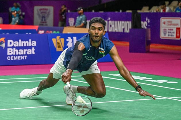NEW DELHI, INDIA - AUGUST 17: Indian shuttler Ayush Shetty plays a shot against China™s top seed and defending world champion Shi Yu Qi during their men™s singles Round of 64 match on the opening day of the BWF World Championships 2026 at the Indira Gandhi Indoor Stadium on August 17, 2026 in New Delhi, India.(Photo by Sanchit Khanna Hindustan Times) BWF World Championships 2026