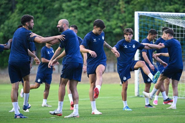 Dinamo press and training: UEFA Champions League play-offs Fran Topic, Josip Misic, Niko Galesic and Sven Sunta of GNK Dinamo Zagreb during the training session at Hitrec-Kacian Stadium on August 17, 2026. in Zagreb, Croatia ahead of the UEFA Champions League play-offs 1st leg match between GNK Dinamo Zagreb and Viking FK.  DavorxPuklavec PIXSELL